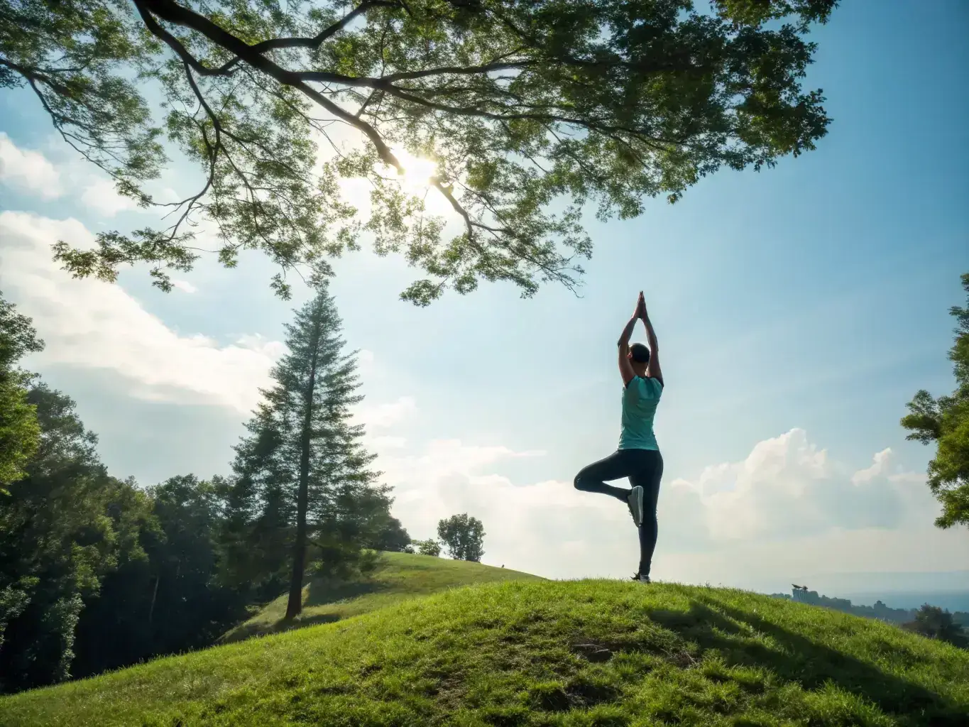 An image of a person doing yoga outdoors in a serene environment, representing the fitness category of the health and wellness blog. The image should evoke feelings of peace, strength, and physical well-being.