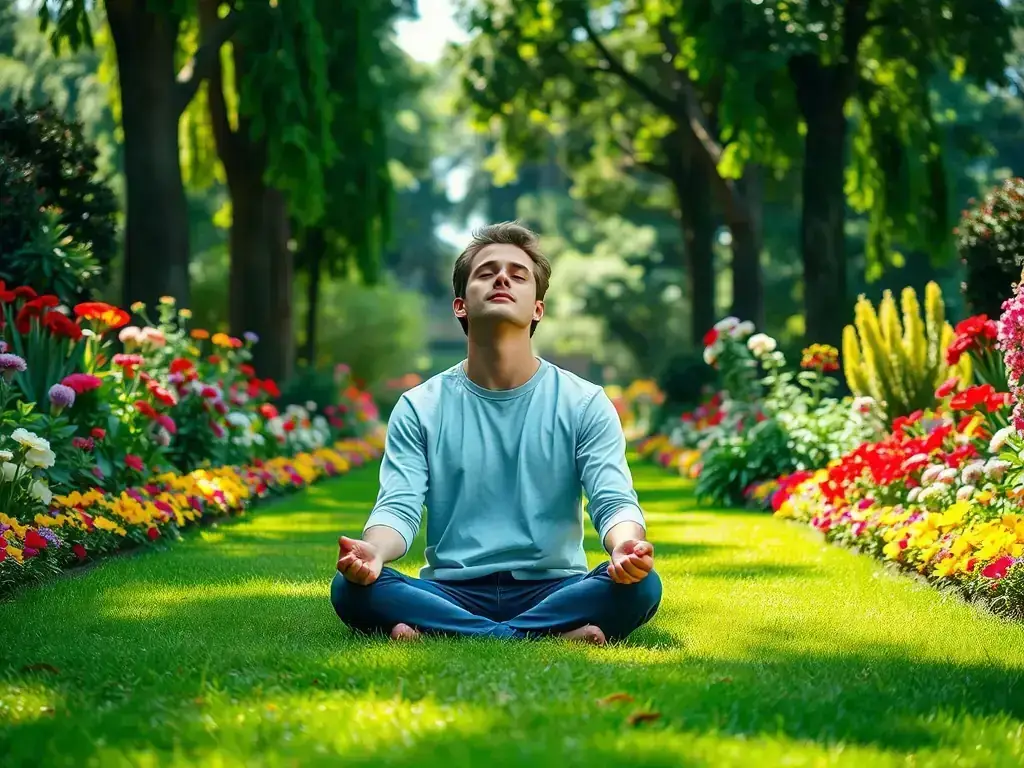 A calming image of a person meditating in a peaceful setting, representing the mental health and mindfulness category of the health and wellness blog. The image should convey serenity, focus, and emotional well-being.