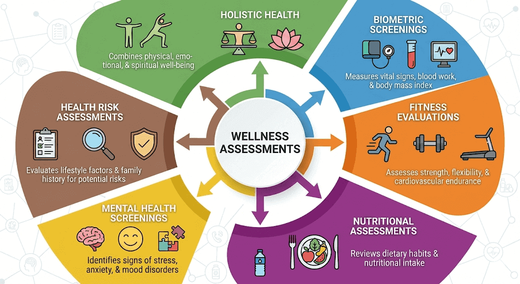 Diagram illustrating the six main components of health and well-being covered in wellness assessments