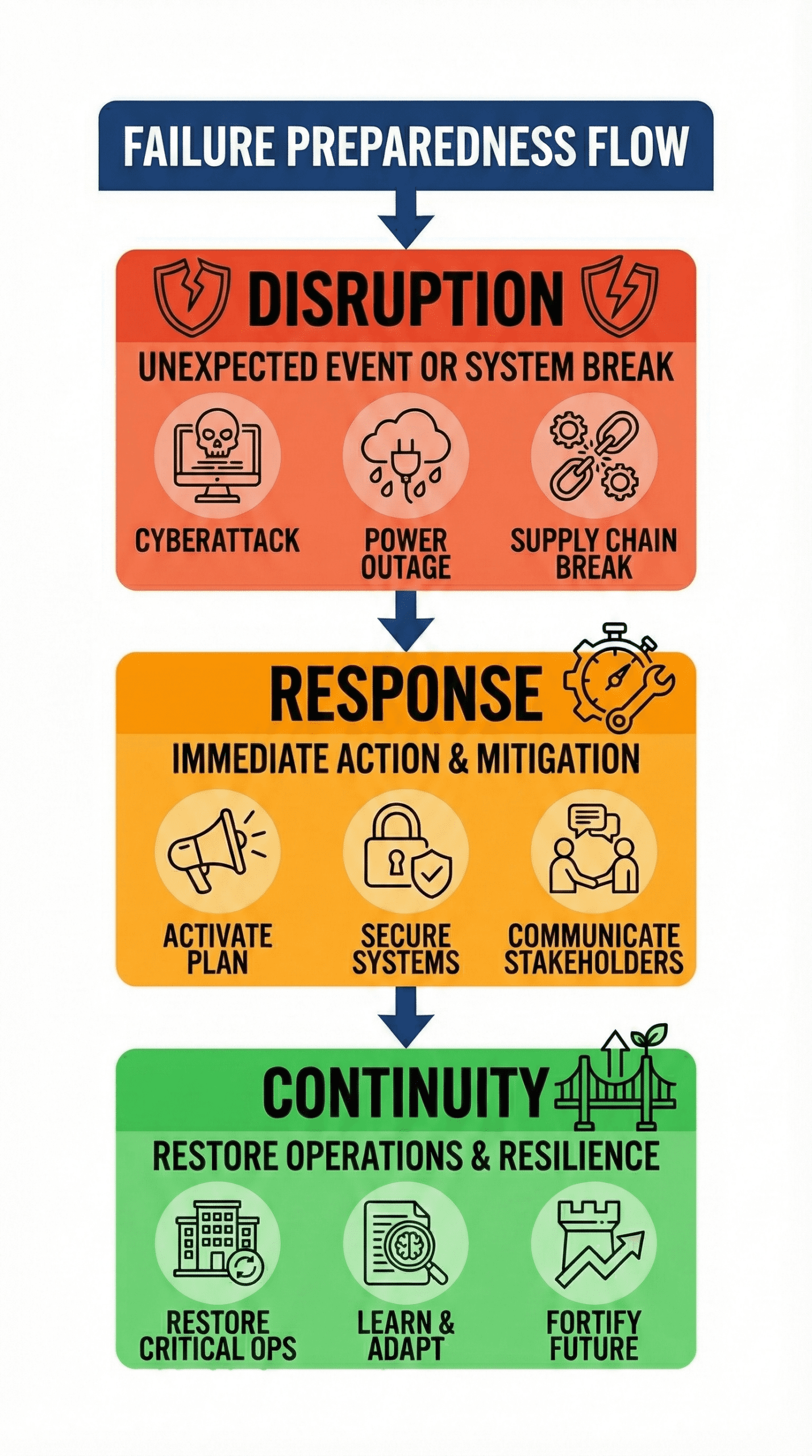 Failure Preparedness Flow' in a vertical layout. Each of the three stages, "Disruption," "Response," and "Continuity