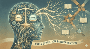 Illustration of a head with a book and magnifying glass, symbolizing wellness assessment concepts