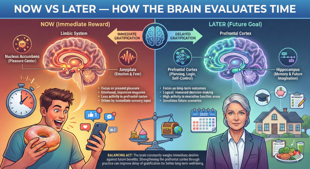 examining the split-panel approach and how the infographic contrasts immediate vs. delayed rewards. I am now evaluating the clarity and accuracy of the neuroscientific information presented.