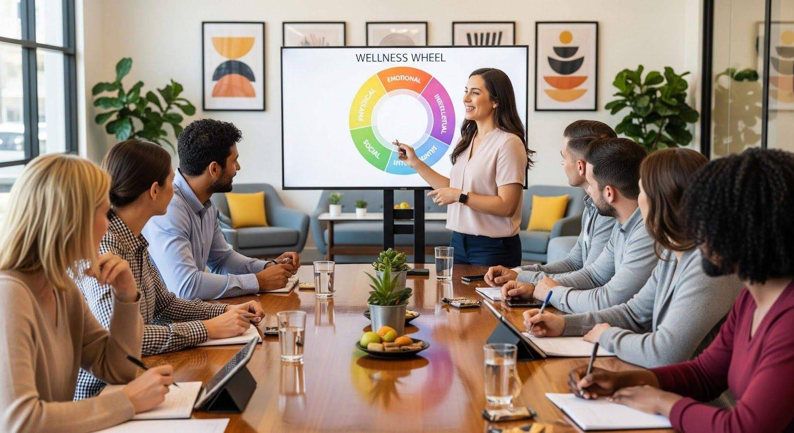 People discussing wellness assessments in a conference room setting