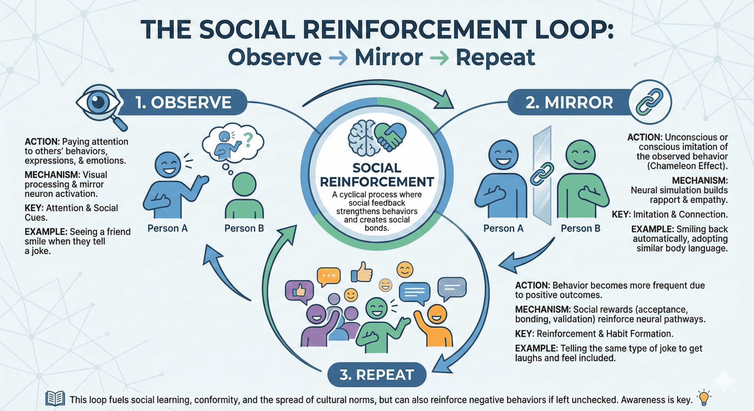 Social Reinforcement Loop," including all three stages: Observe, Mirror, and Repeat