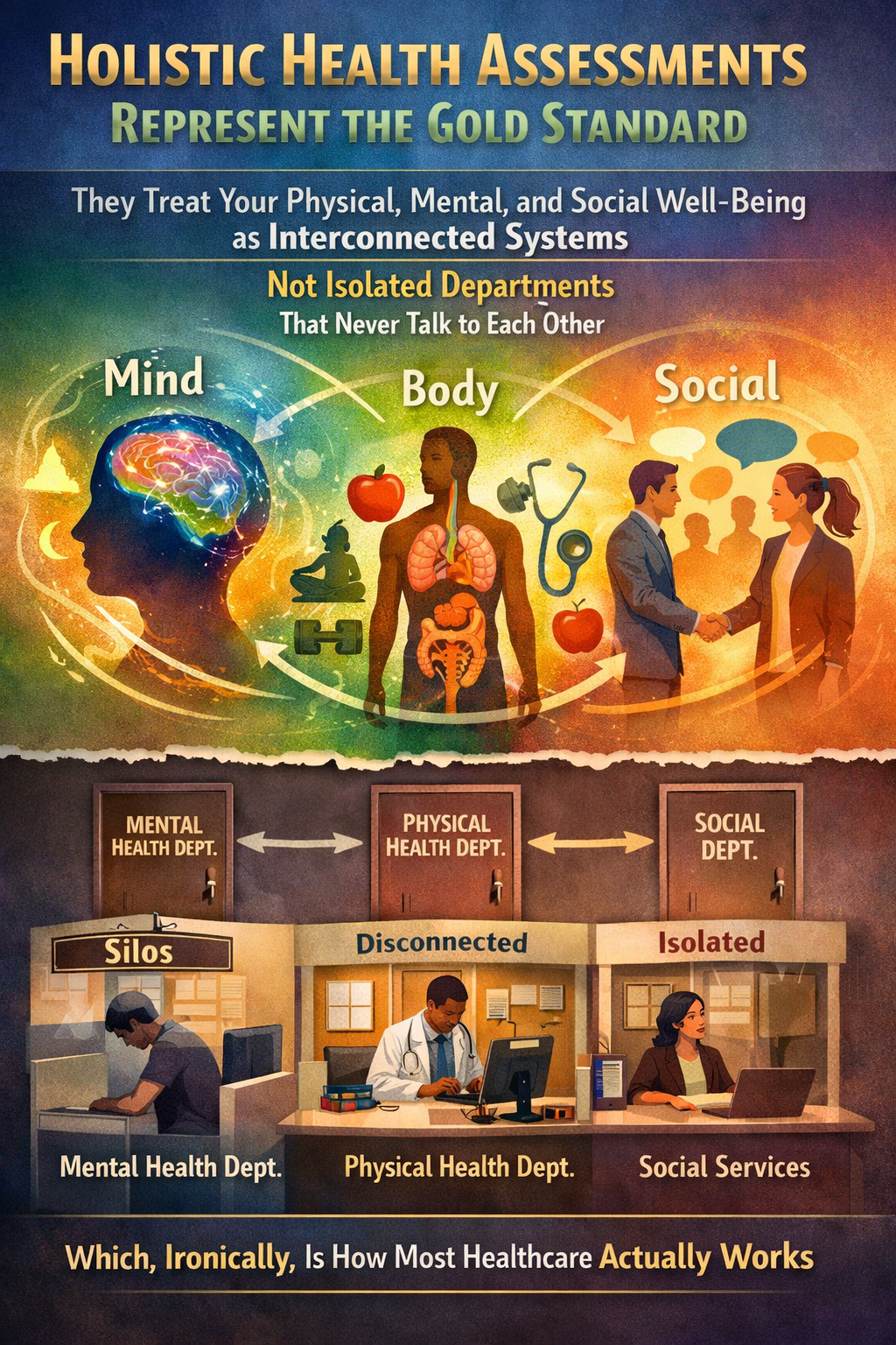 Holistic wellness assessments diagram showing interconnected physical, mental, and social health dimensions