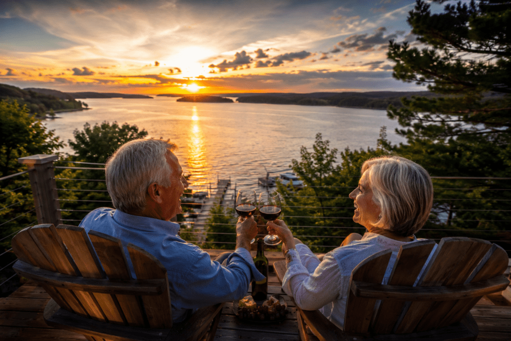 Older couple smiling and raising glasses on a lakeside deck at sunset, overlooking shimmering water and dramatic skies, symbolizing joyful and thoughtful retirement planning.
