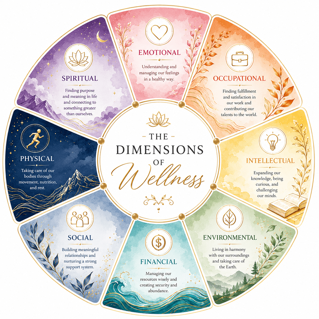The 8 dimensions of wellness: spiritual, physical, social, financial, emotional, occupational, intellectual, environmental.