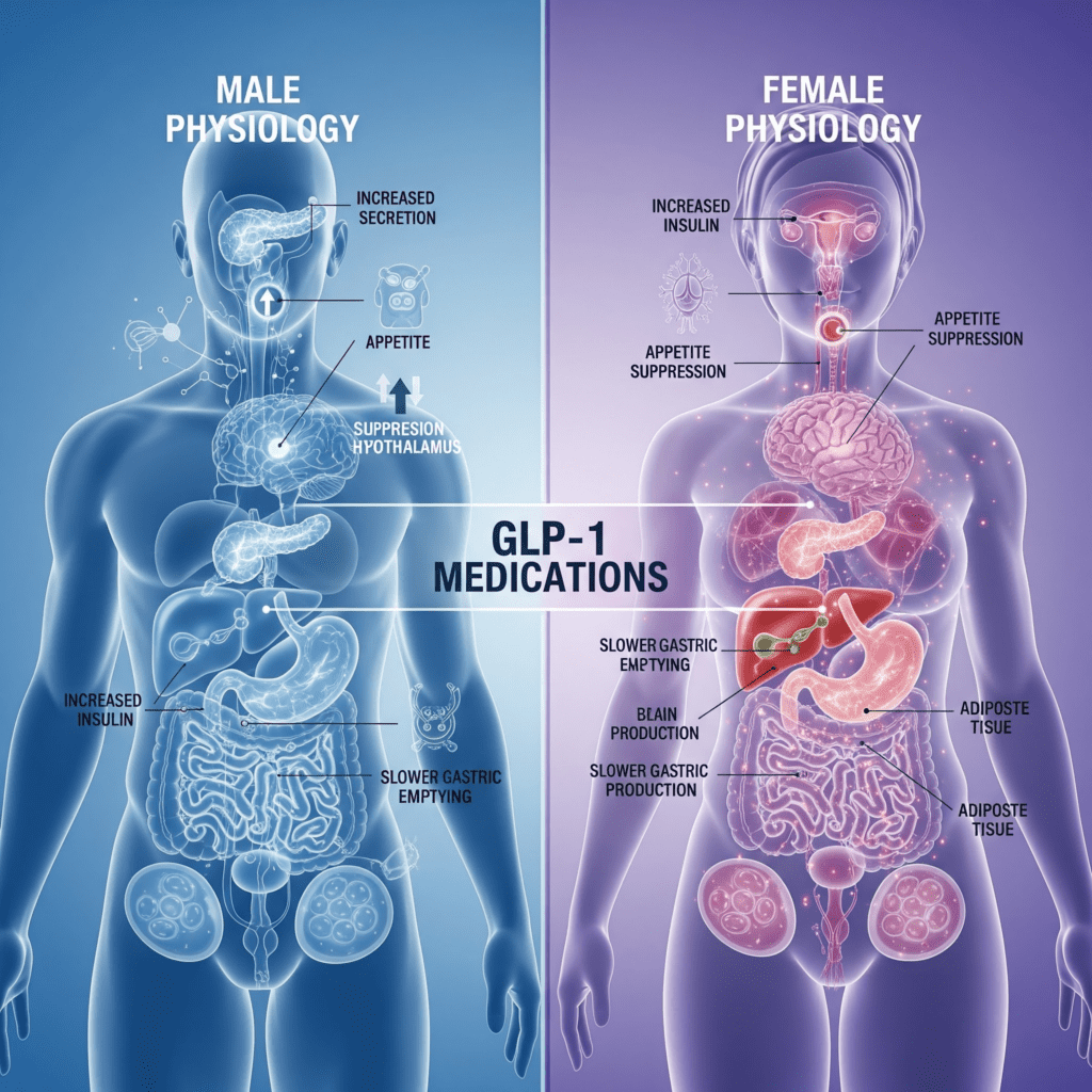 Illustration comparing male and female body composition and GLP-1 treatment considerations
