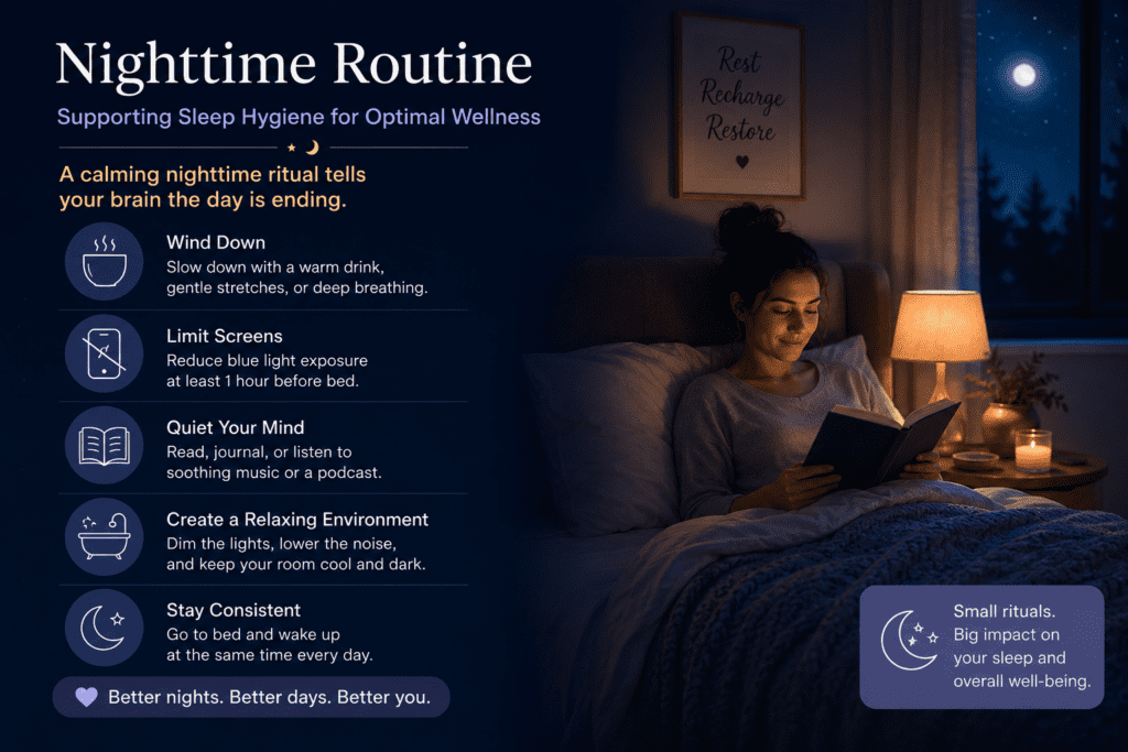 A nighttime wellness infographic in calming dark blue tones shows a woman reading in bed beside a warm bedside lamp under a moonlit window. The graphic includes sleep hygiene tips such as winding down with gentle stretches, limiting screens before bed, reading or journaling to quiet the mind, creating a cool dark sleep environment, and maintaining a consistent bedtime routine. The headline reads “Nighttime Routine Supporting Sleep Hygiene for Optimal Wellness” with the message “A calming nighttime ritual tells your brain the day is ending.” 🌙📖