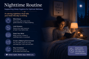 A nighttime wellness infographic in calming dark blue tones shows a woman reading in bed beside a warm bedside lamp under a moonlit window. The graphic includes sleep hygiene tips such as winding down with gentle stretches, limiting screens before bed, reading or journaling to quiet the mind, creating a cool dark sleep environment, and maintaining a consistent bedtime routine. The headline reads “Nighttime Routine Supporting Sleep Hygiene for Optimal Wellness” with the message “A calming nighttime ritual tells your brain the day is ending.” 🌙📖