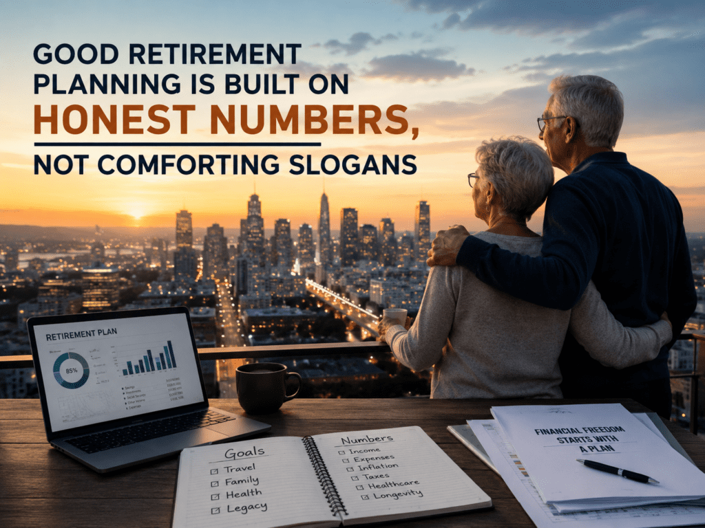 Elderly couple looks at city skyline, with laptop showing retirement plan and notebook listing goals and numbers.
