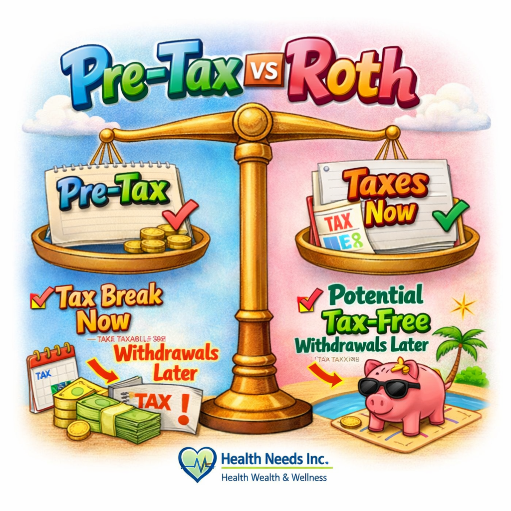 Pre-tax and Roth retirement accounts compared on a balanced scale