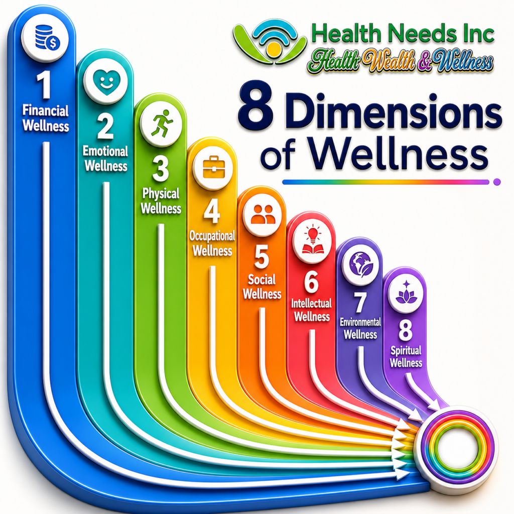 The 8 Dimensions of Wellness: A research-backed framework for a balanced life, encompassing Physical, Emotional, Intellectual, Social, Spiritual, Environmental, Occupational, and Financial health to support your overall well-being.