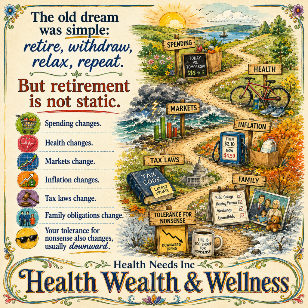 The old dream was simple: retire, withdraw, relax, repeat. But retirement is not static. Spending changes. Health changes. Markets change. Inflation changes. Tax laws change. Family obligations change. Your tolerance for nonsense also changes, usually downward.