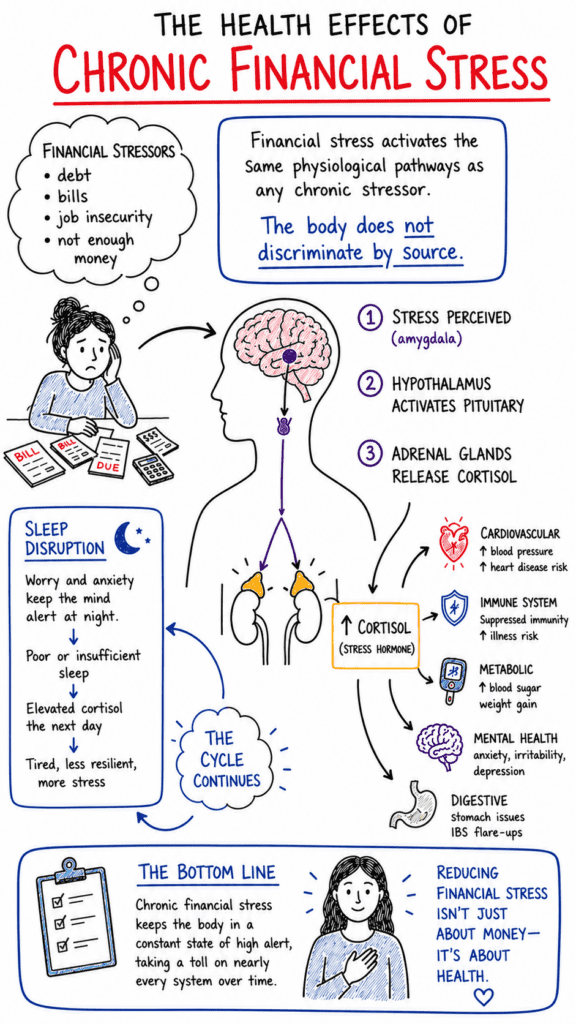 Infographic on chronic financial stress, its effects on the body, and how to reduce it.