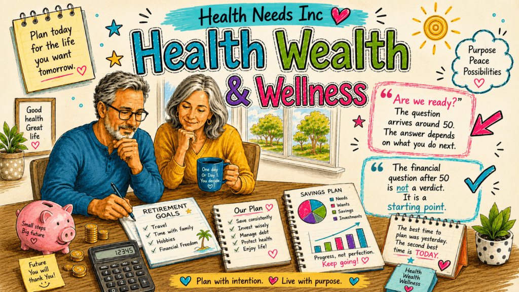 Couple planning retirement and finances for health, wealth, and wellness after 50.