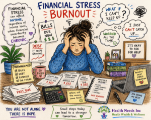 Financial stress burnout: Woman overwhelmed by bills, debt, and expenses.
