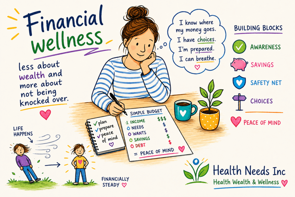 Financial wellness illustration: woman budgeting, savings, safety net, choices, peace of mind.