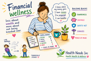Financial wellness illustration: woman budgeting, savings, safety net, choices, peace of mind.