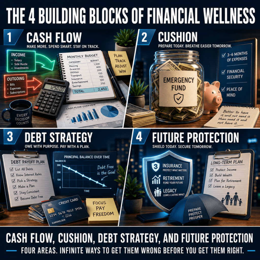 Four blocks of financial wellness: cash flow, cushion, debt strategy, future protection.