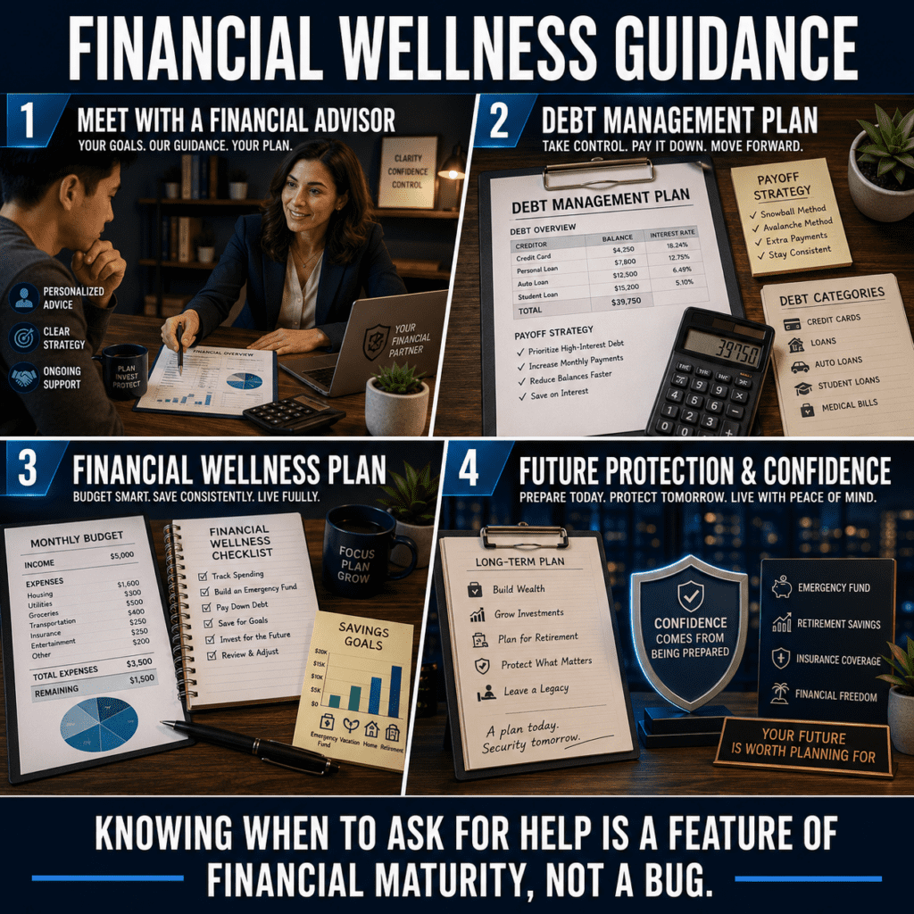 Financial wellness guidance: advisor meeting, debt plan, budget, and future planning.