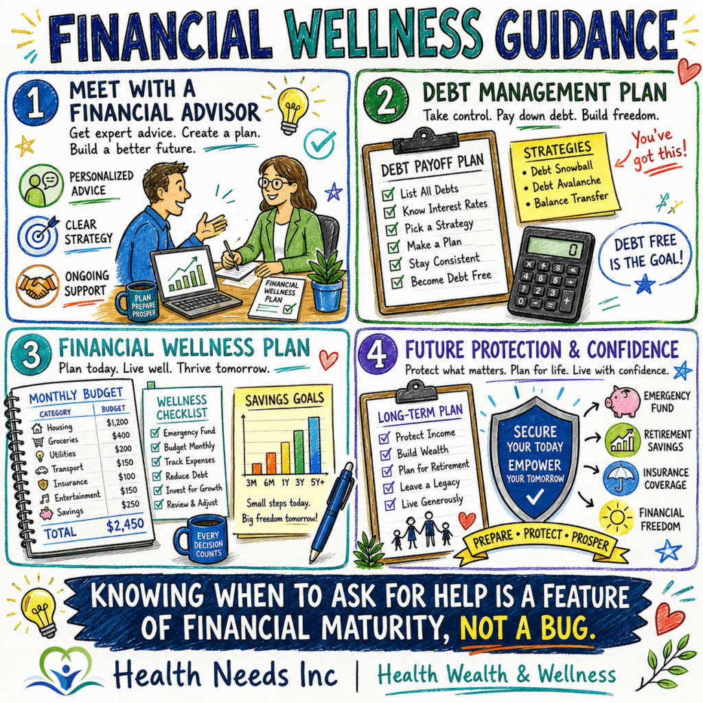 Financial wellness guide: advisor, debt plan, budget, and future protection.