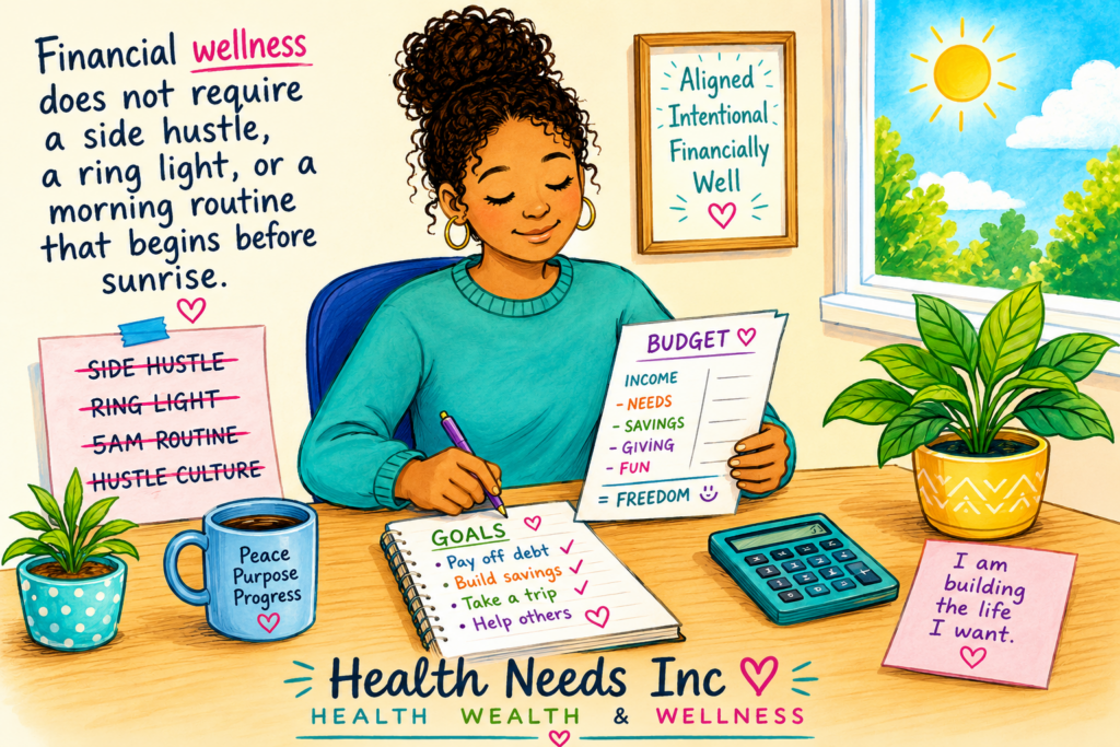 Financial wellness illustration: woman with goals, budget, and calculator, rejecting hustle culture.