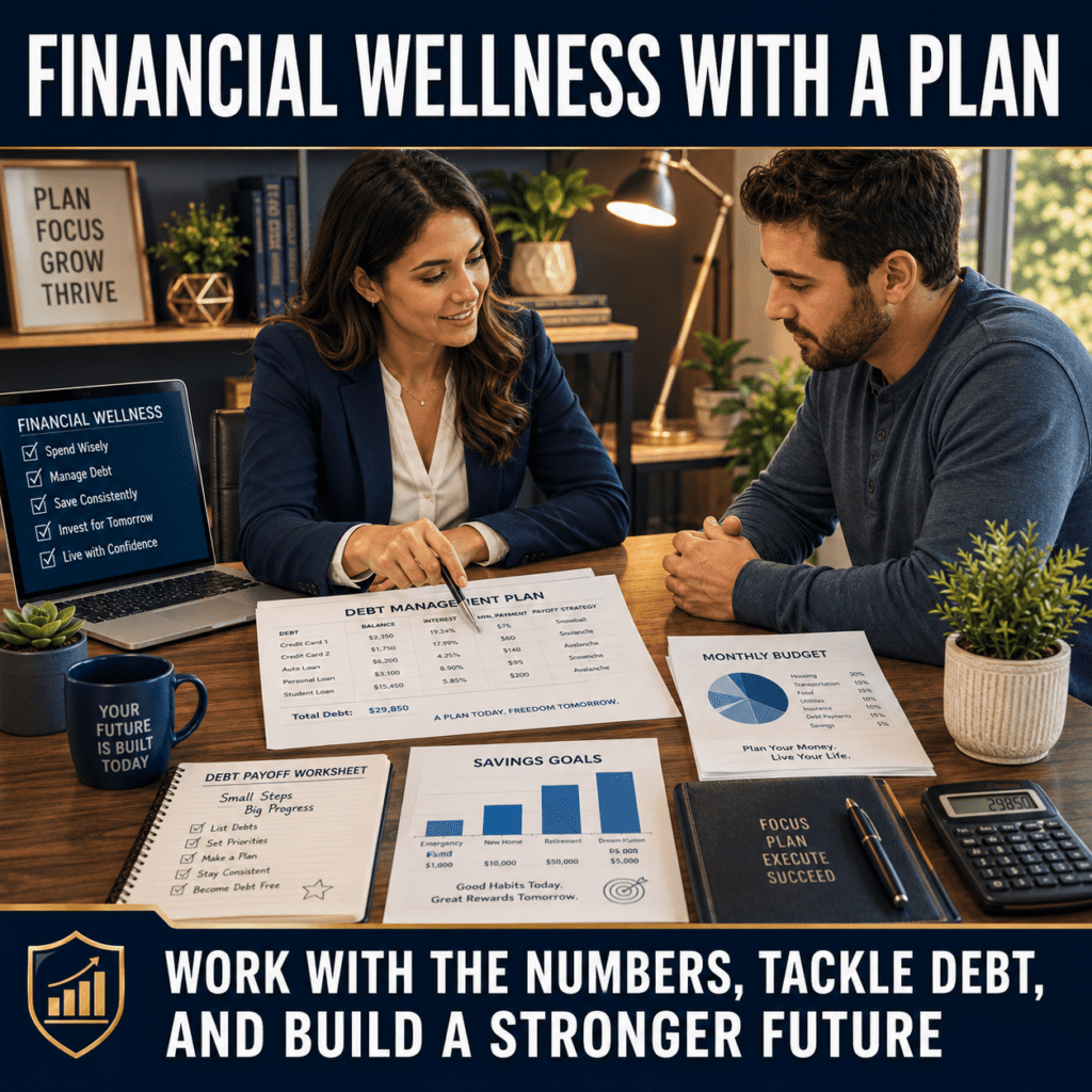 Financial wellness plan: Couple reviews debt management and savings goals for a stronger future.