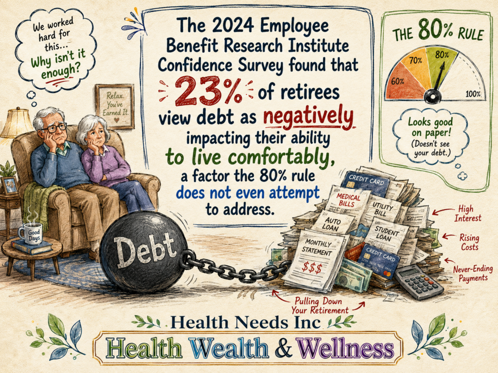 The 2024 Employee Benefit Research Institute Confidence Survey found that 23% of retirees view debt as negatively impacting their ability to live comfortably, a factor the 80% rule does not even attempt to address.