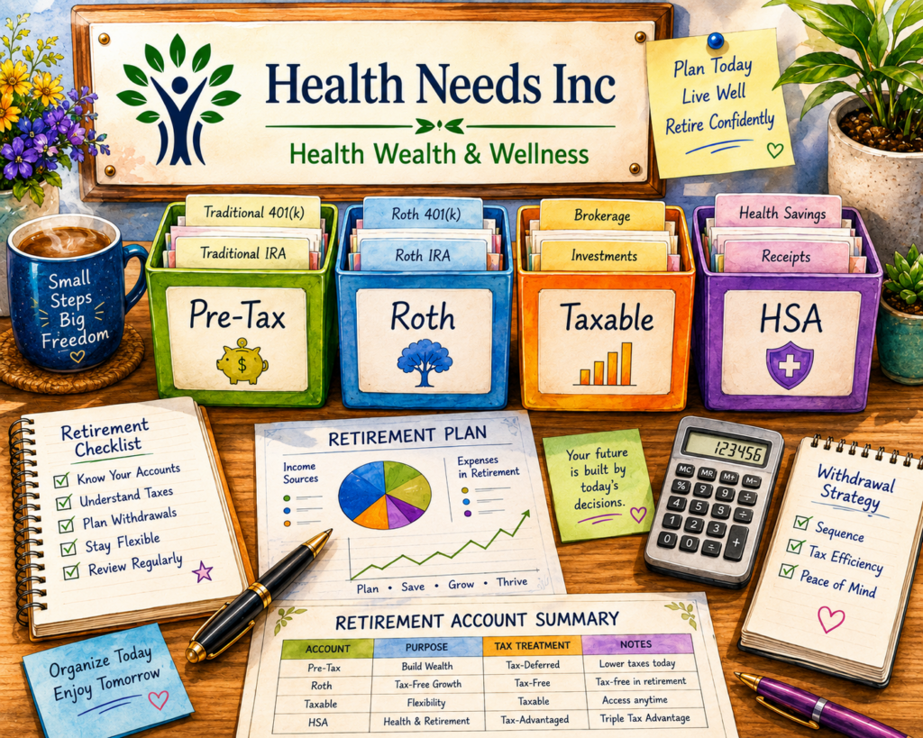 image showing retirement paperwork, a calculator, and four labeled folders or buckets