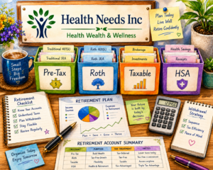 image showing retirement paperwork, a calculator, and four labeled folders or buckets