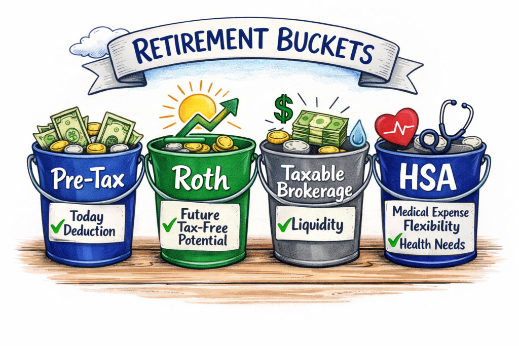 a simple diagram with four distinct buckets or columns labeled Pre-Tax, Roth, Taxable Brokerage, and HSA.