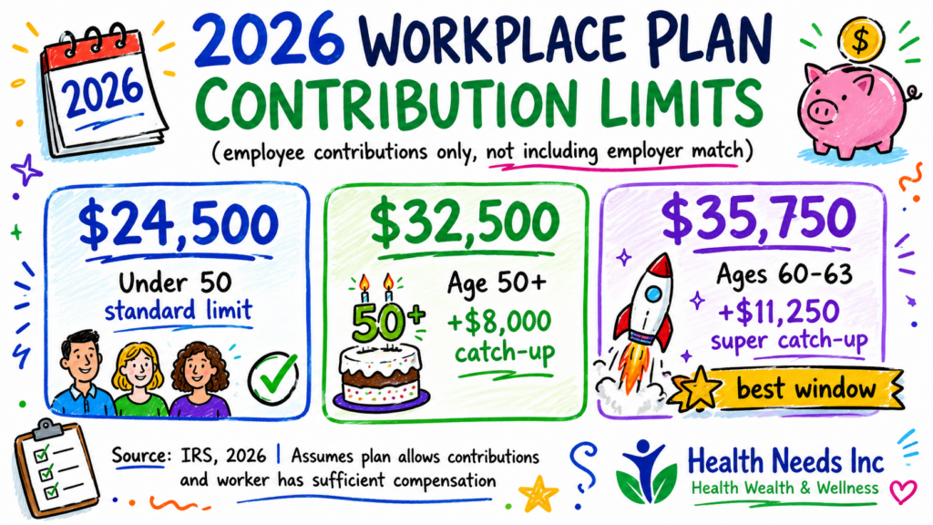 In 2026, those 50+ can contribute up to $32,500 to workplace plans, with a $35,750 "super catch-up" for ages 60–63. Prioritize your employer match before maximizing these contributions.