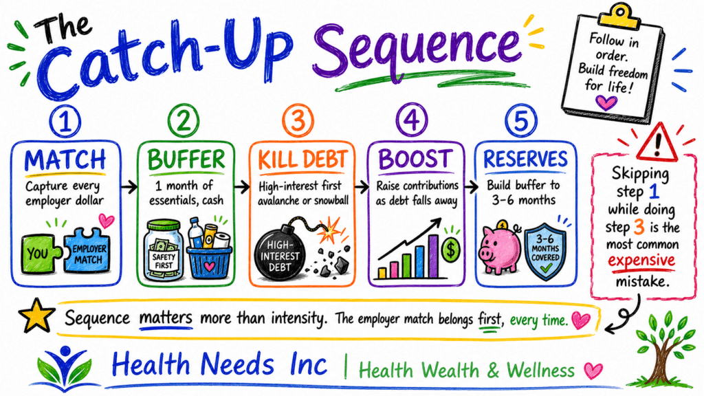 The Catch-Up Sequence
① MATCH Capture every employer dollar
② BUFFER 1 month of essentials, cash
③ KILL DEBT High-interest first avalanche or snowball
④ BOOST Raise contributions as debt falls away