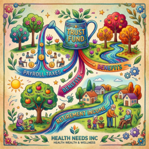 a chart labeled Trust Fund, Payroll Taxes, Benefits, and Retirement Income.
