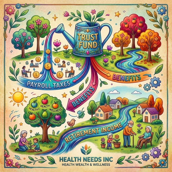 a chart labeled Trust Fund, Payroll Taxes, Benefits, and Retirement Income.