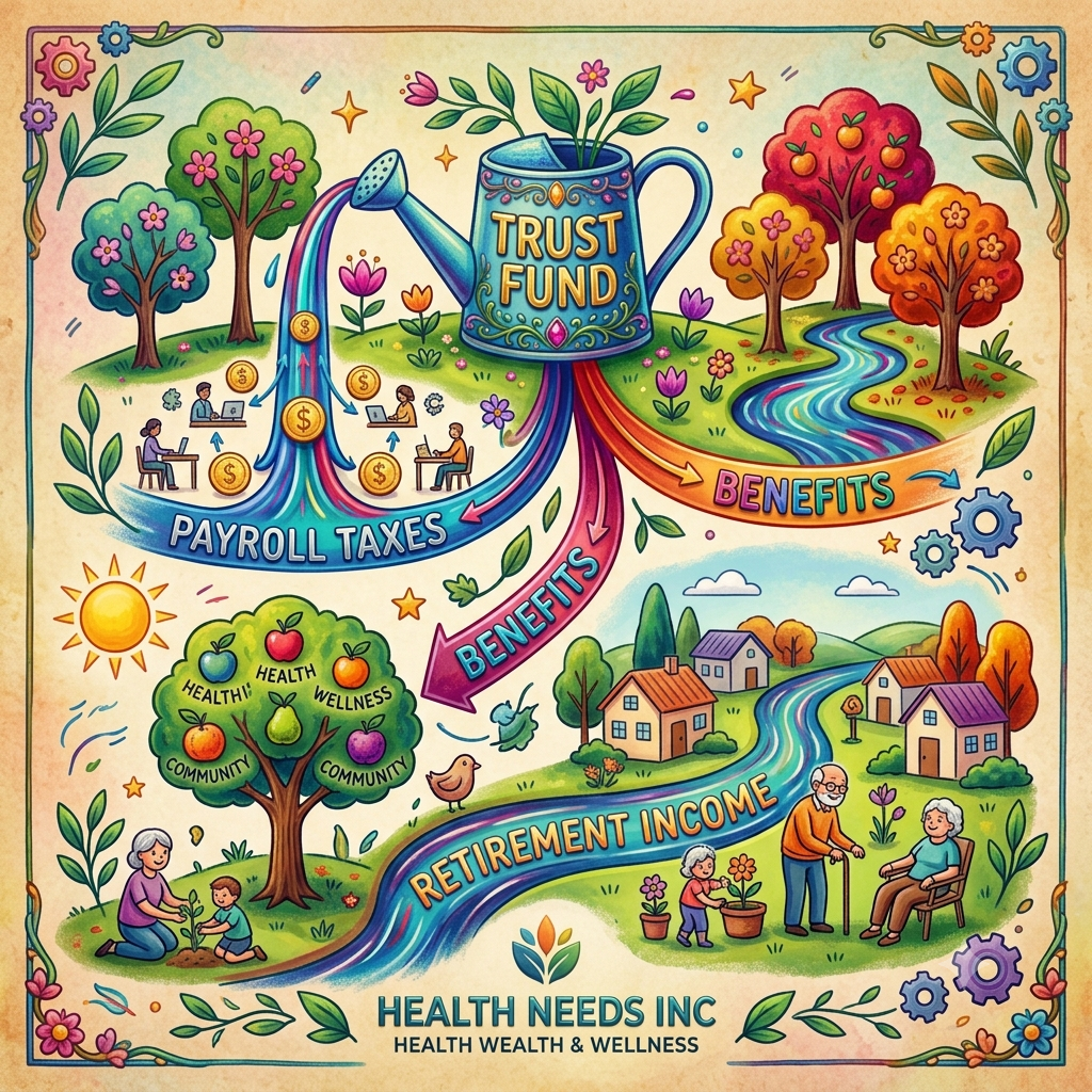 a chart labeled Trust Fund, Payroll Taxes, Benefits, and Retirement Income.