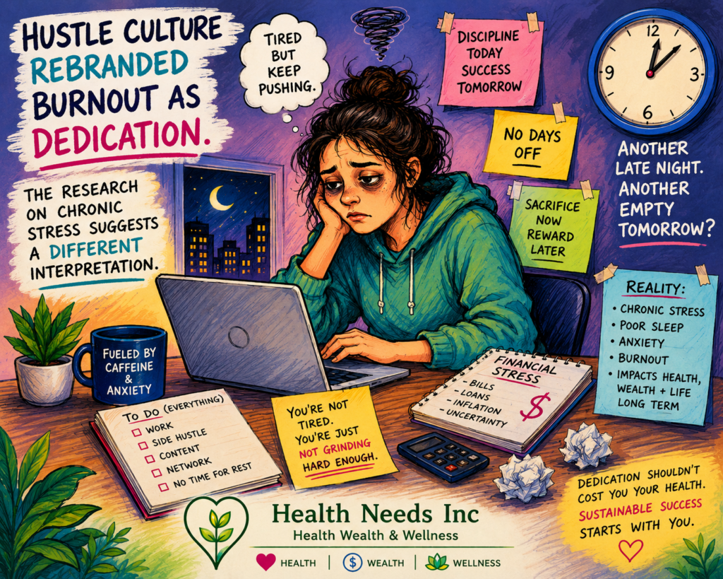 Woman burnt out from hustle culture, prioritizing financial stress over health.