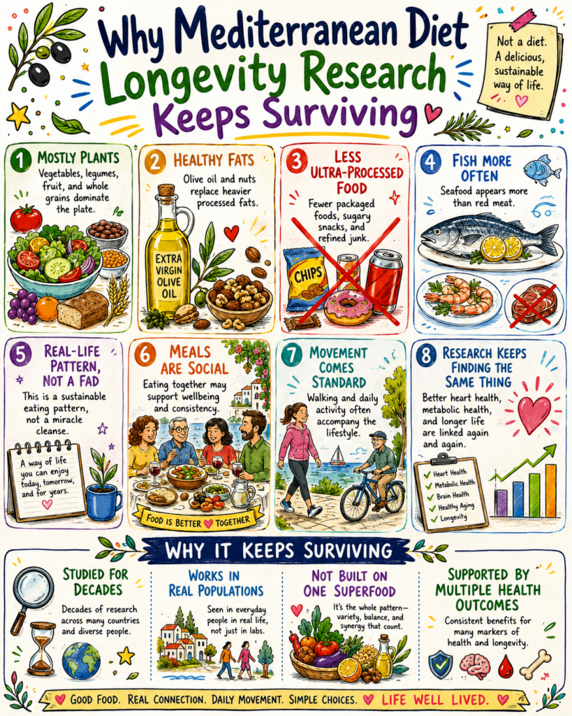 Mediterranean diet longevity: 8 key pillars including healthy fats, movement, and research.