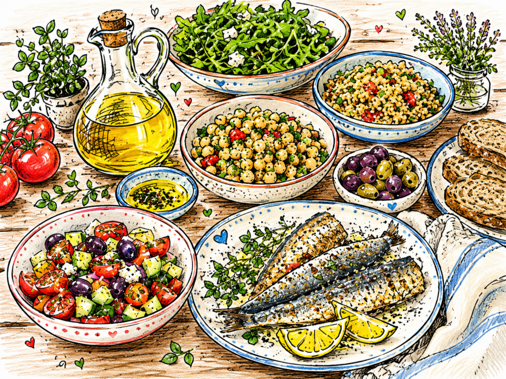 Mediterranean diet spread with grilled fish, salads, olives, and bread