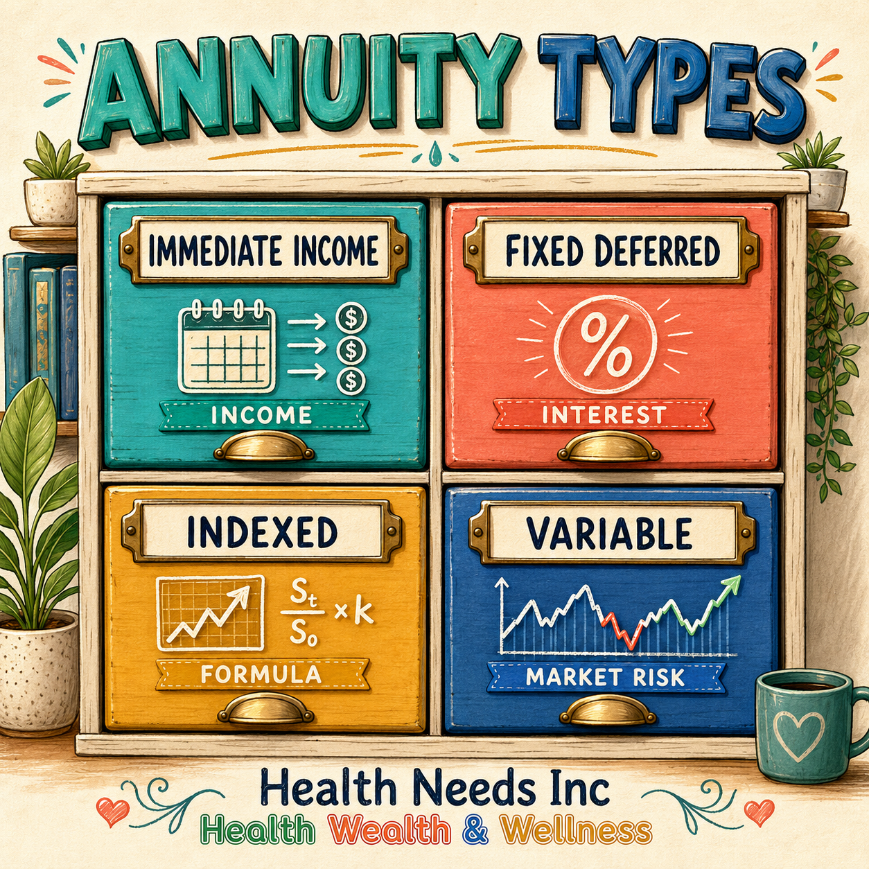 Four annuity categories compared by income timing, return method, costs, and risk.