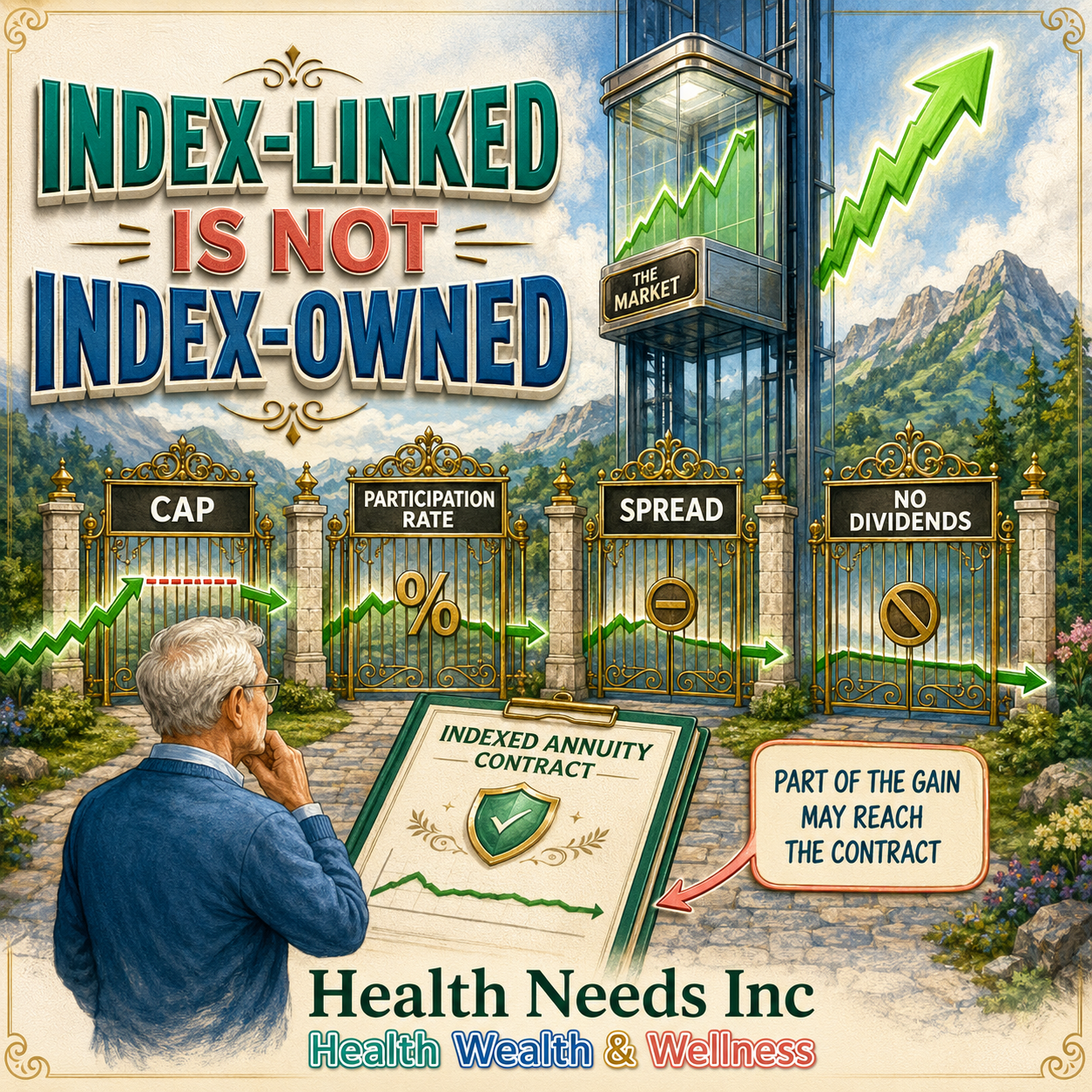 Indexed annuity crediting limits showing caps, participation rates, spreads, and excluded dividends.