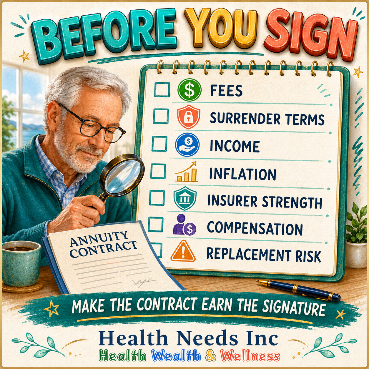 Annuity buyer checklist for fees, surrender terms, income, inflation, insurer strength, and replacements.