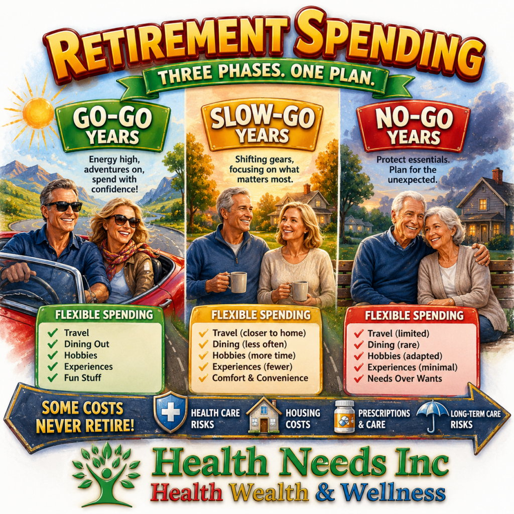 A three-phase retirement spending graphic labeled go-go, slow-go, and no-go, with flexible lifestyle spending fading while health and housing risks remain visible.