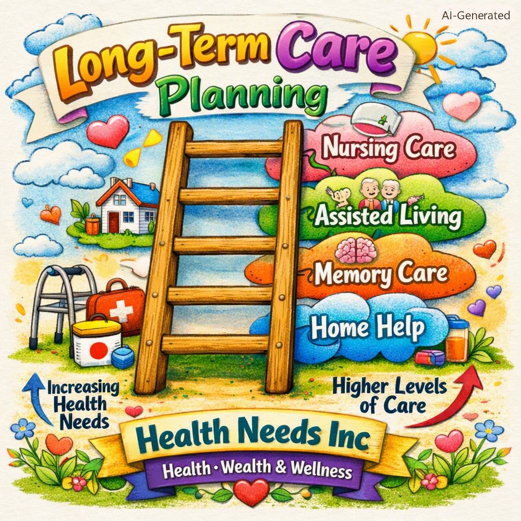 Long-term care options ladder showing rising levels of support and retirement spending.