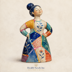 Colorful repaired figure with visible seams representing healing without pretending to be unbroken