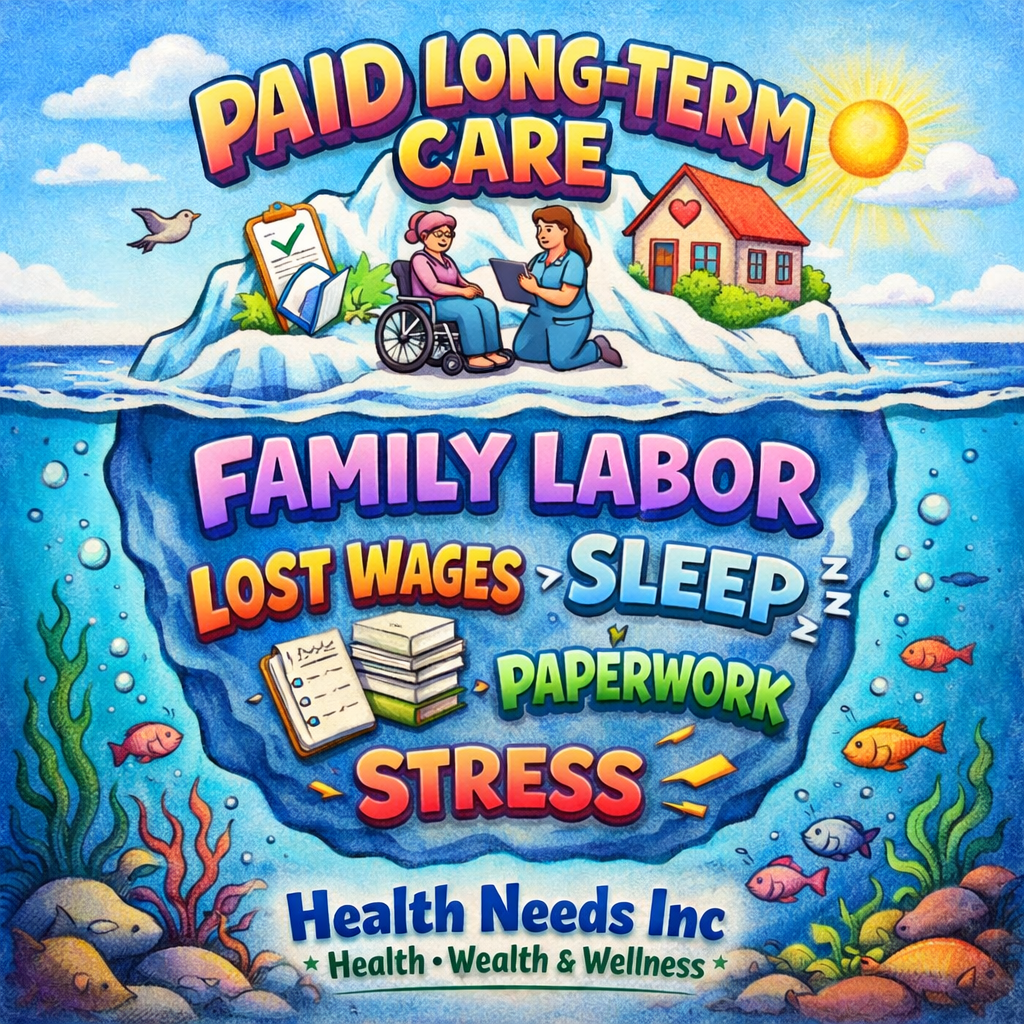Colorful hand-drawn iceberg showing visible paid long-term care above water and hidden family labor, lost wages, sleep, paperwork, and stress below water.