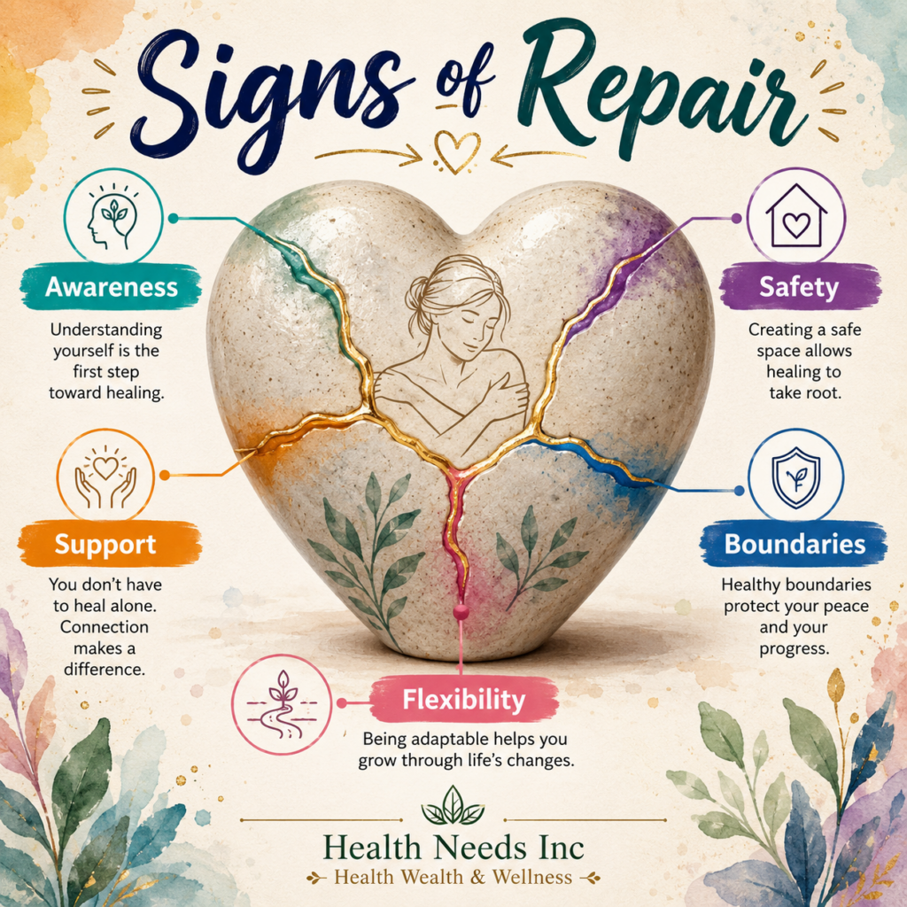 Five signs of emotional repair: awareness, safety, support, boundaries, and flexibility.