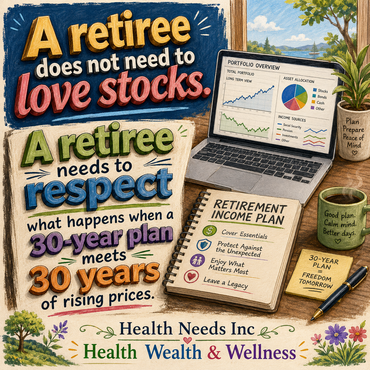 image of a laptop showing simple portfolio charts beside a notebook labeled retirement income plan.