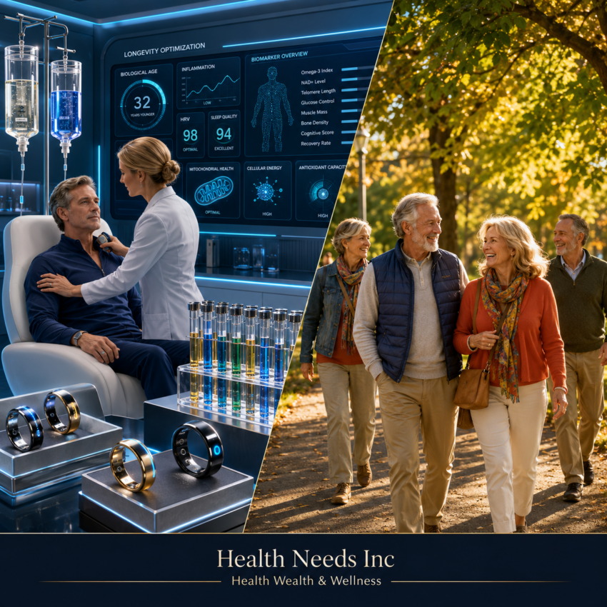 Luxury longevity testing contrasted with walking and social connection in ordinary healthy aging.
